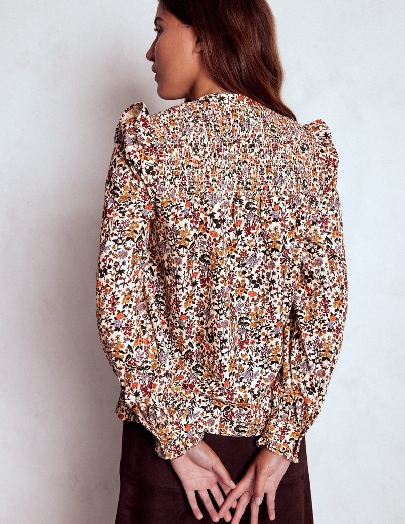 Smocked Yoke Cord Top-Ivory Floral 4