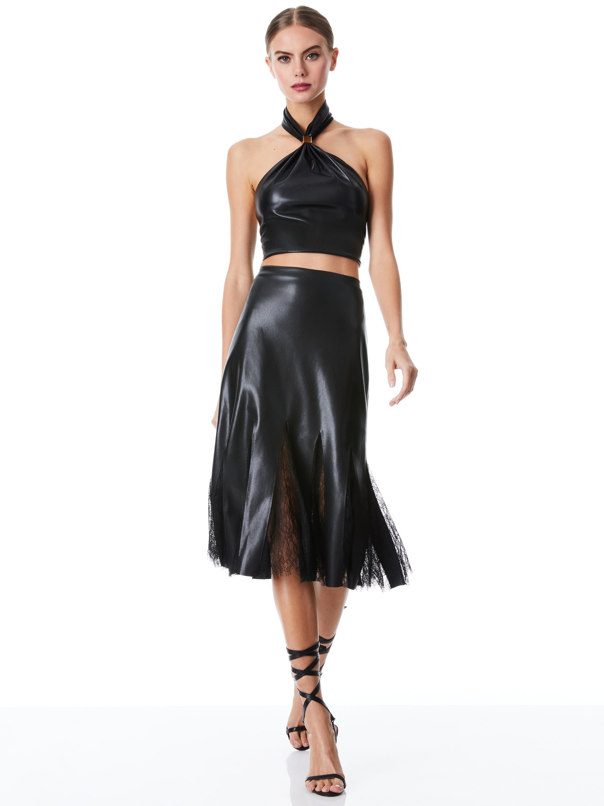 JACQUELINE VEGAN LEATHER MIDI GODET SKIRT - 5