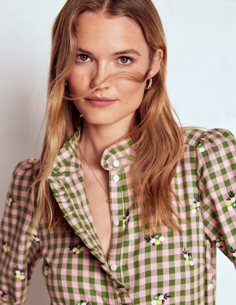 Helena Brushed Cotton Top-Green and Pink Floral Check 3