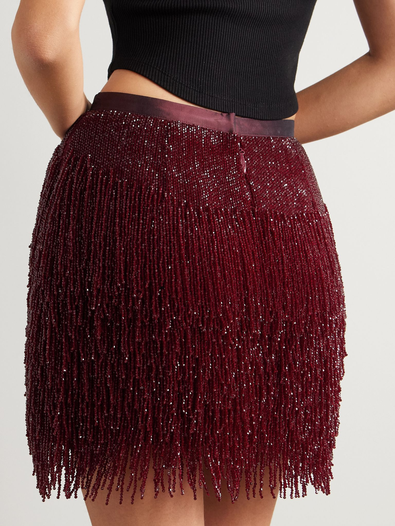 Fringed beaded silk-satin mini skirt Crimson - 4