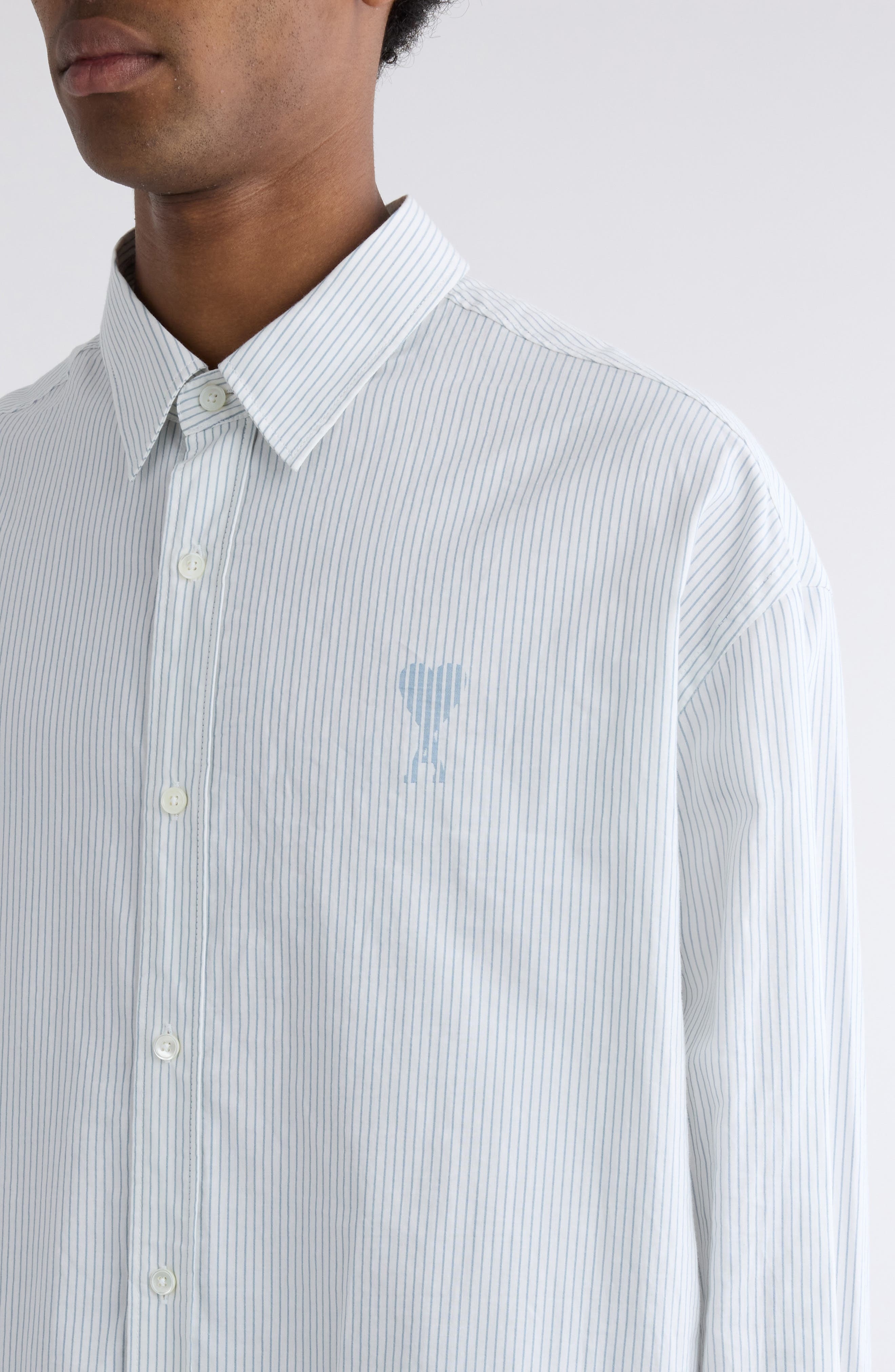 AMI PARIS Boxy Fit Ami de Coeur Stripe Cotton Poplin Button-Up Shirt in 1041 White/blue Note at Nord - 5