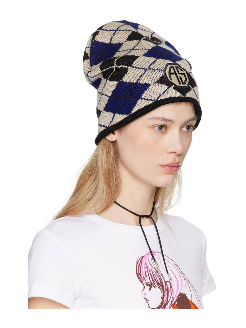 ANNA SUI Blue & Beige Argyle Patch Beanie outlook