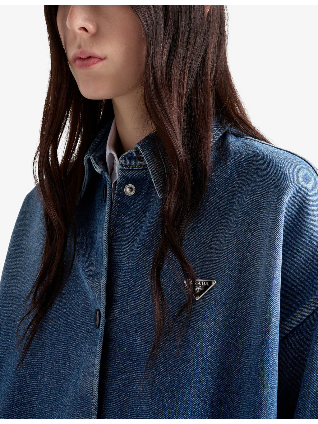 Triangle-Logo Long Denim Shirt - 5