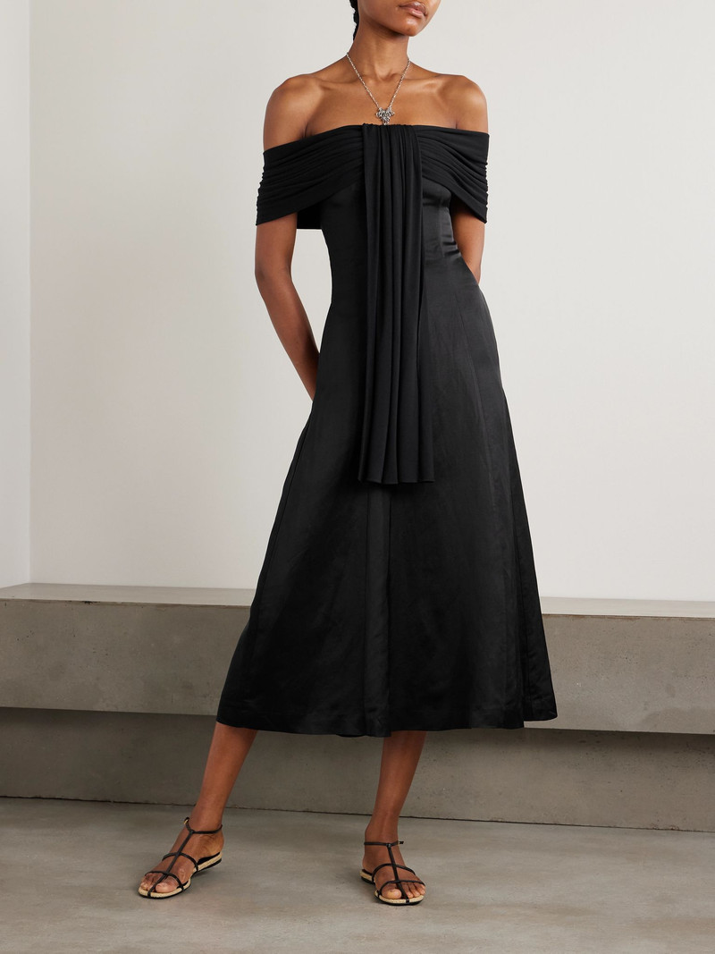 ABADIA Off-the-shoulder voile and stretch-bamboo jersey midi dress Black outlook
