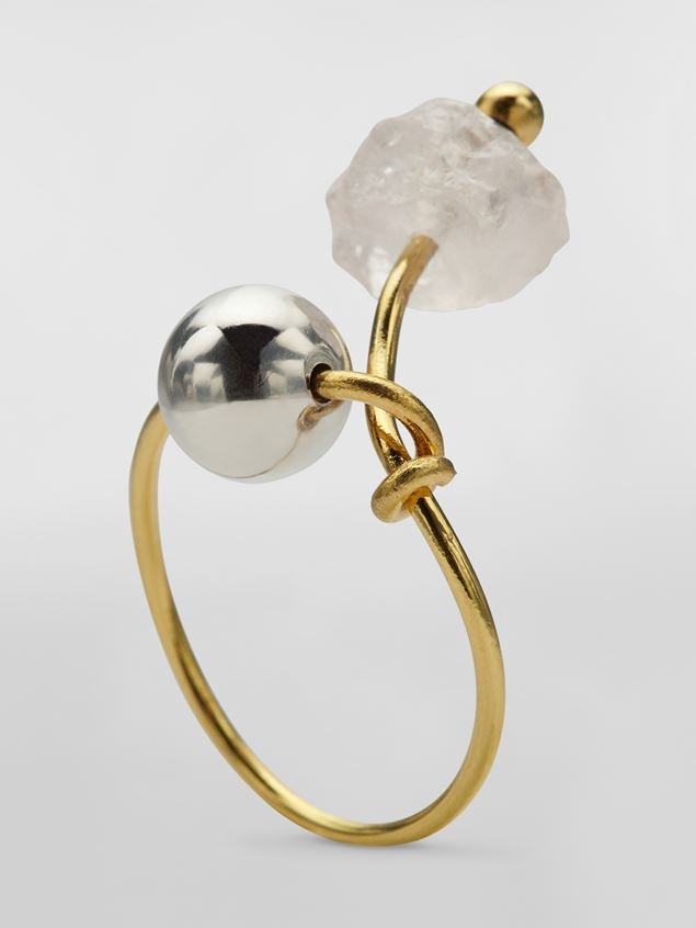 GOLD-TONE BRASS TEARS RING WITH QUARTZ AND METAL SPHERE - 4