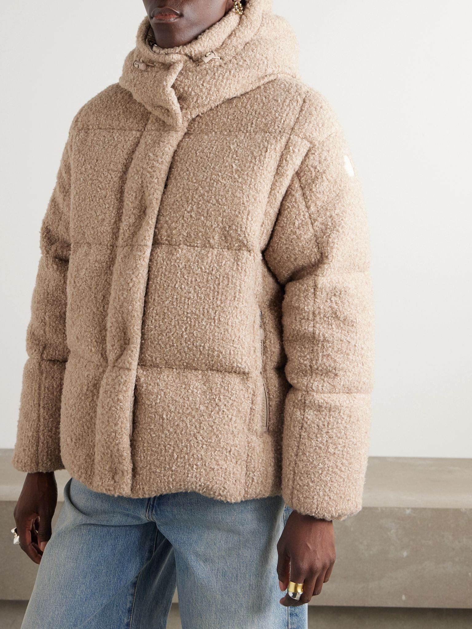 Appliquéd quilted metallic bouclé hooded down jacket Beige - 3