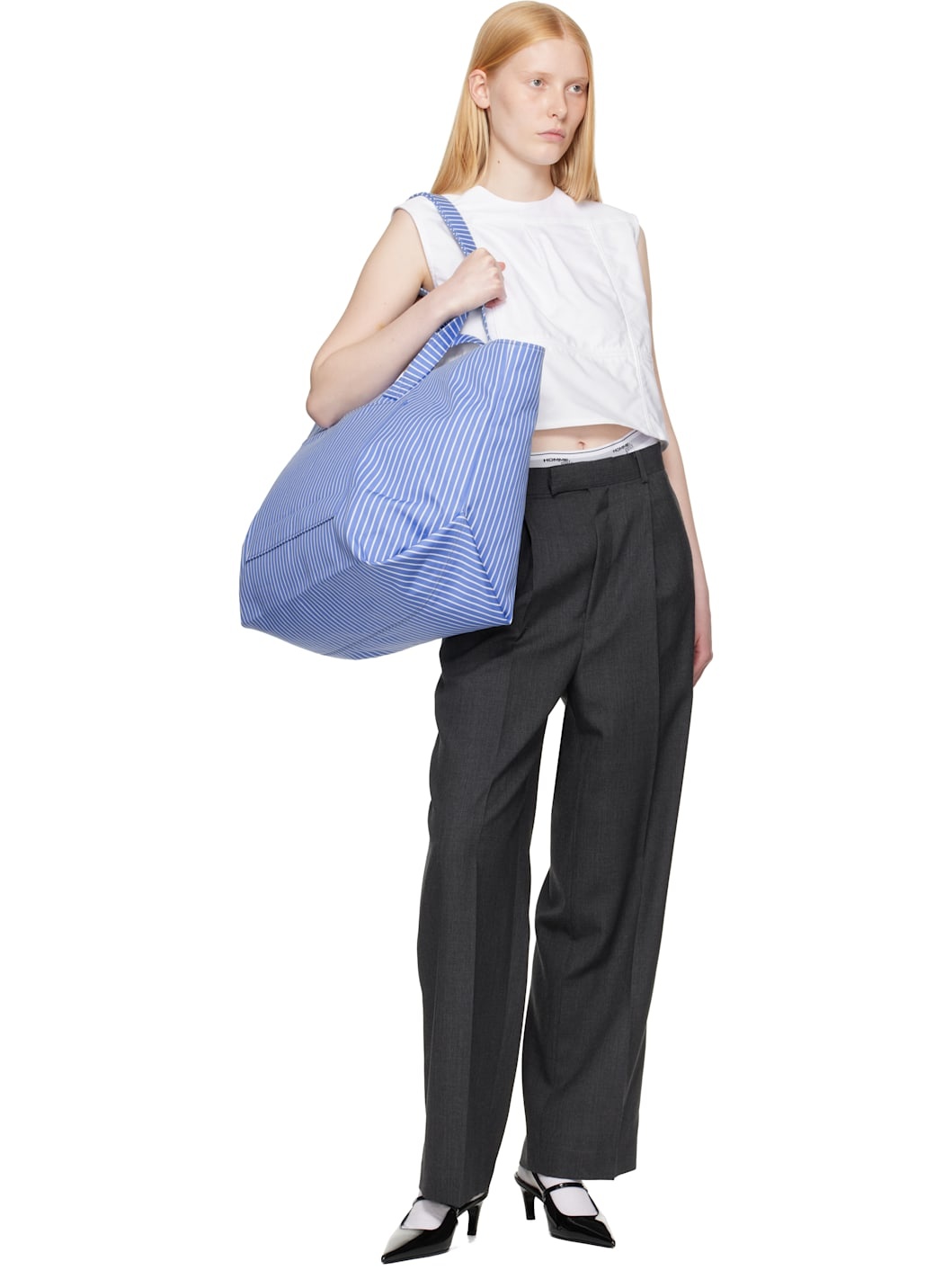Blue & White Twill Bonded Tote - 4