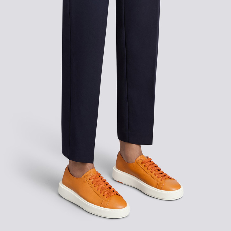 Santoni Women's orange tumbled leather sneaker outlook