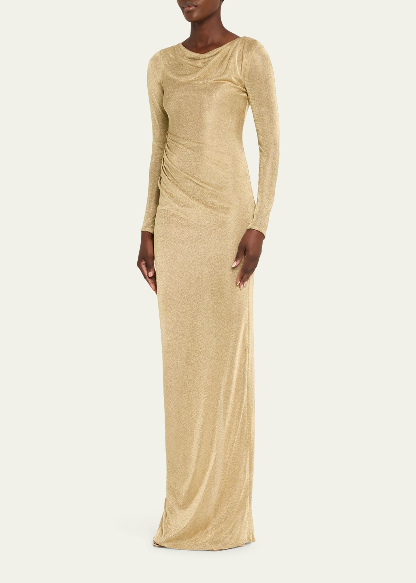 Metallic Jersey Cowl-Neck Long-Sleeve Gown - 4