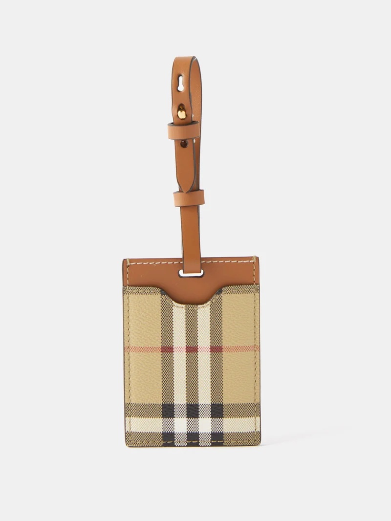 Leather-trim checked canvas luggage tag - 1