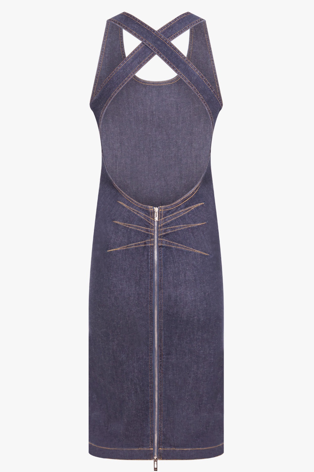 Alaïa CROSS BACK DENIM MIDI SCULPT DRESS | BLUE | parlourx