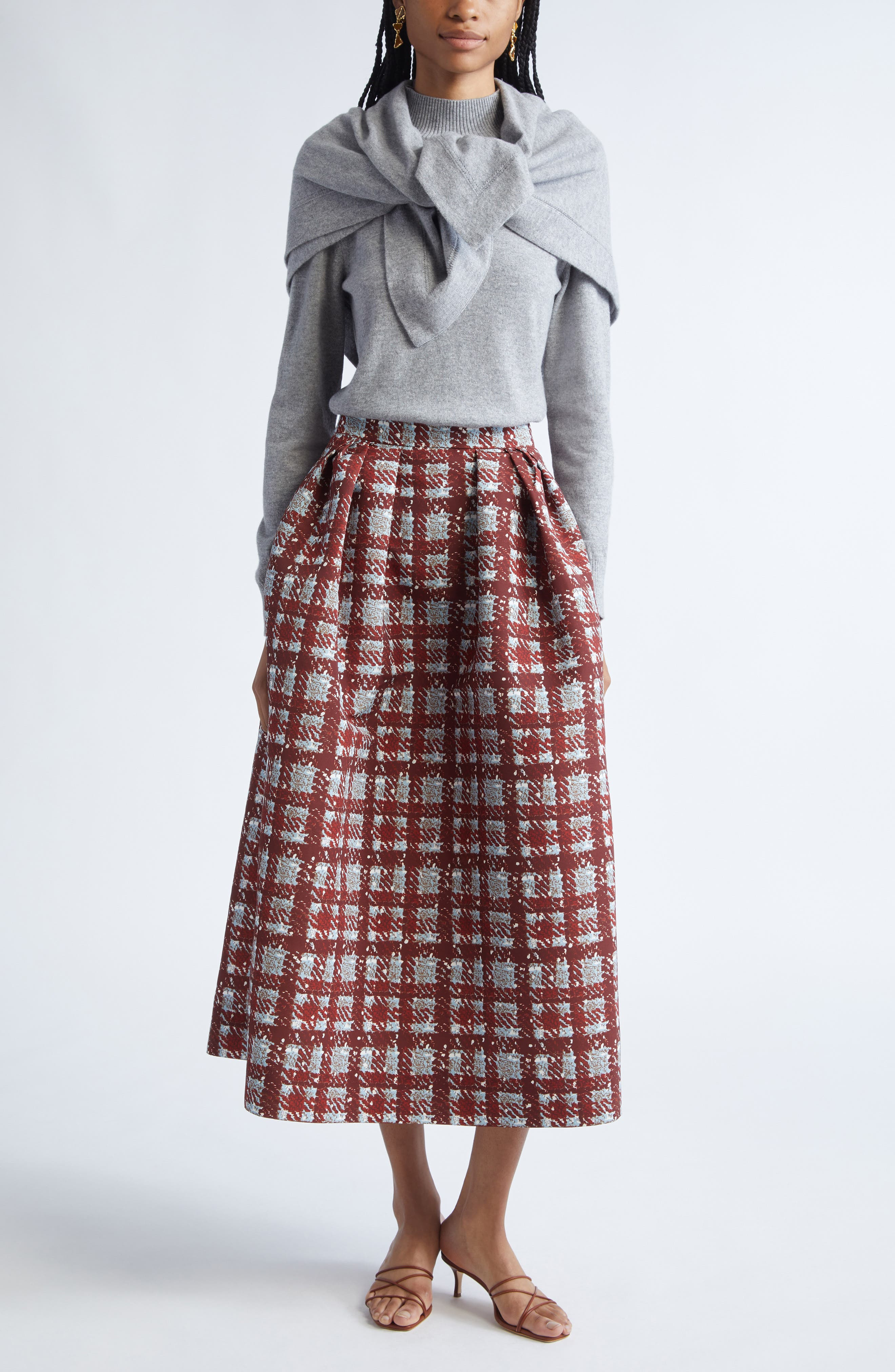Oscar de la Renta Plaid Textured Faille A-Line Skirt in Burgundy/Blue at Nordstrom - 2