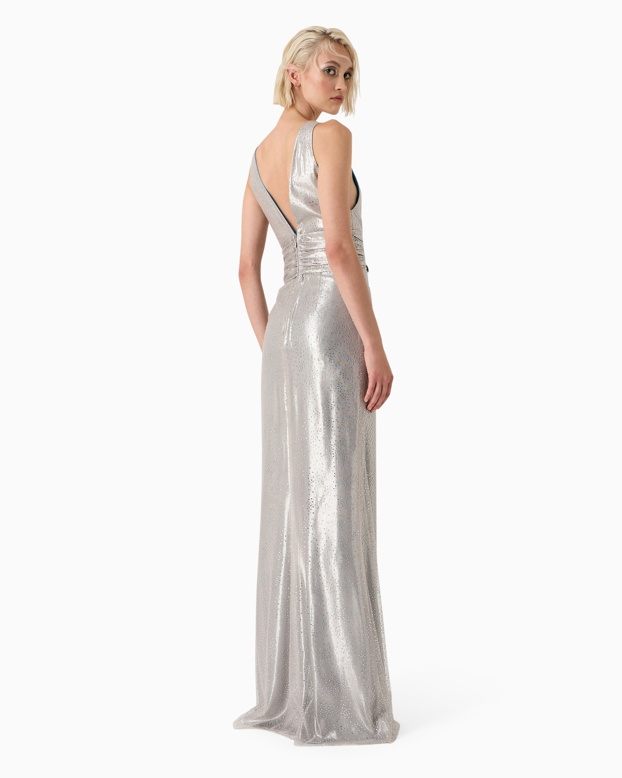 Lurex and tulle long dress with rhinestone embroidery - 3