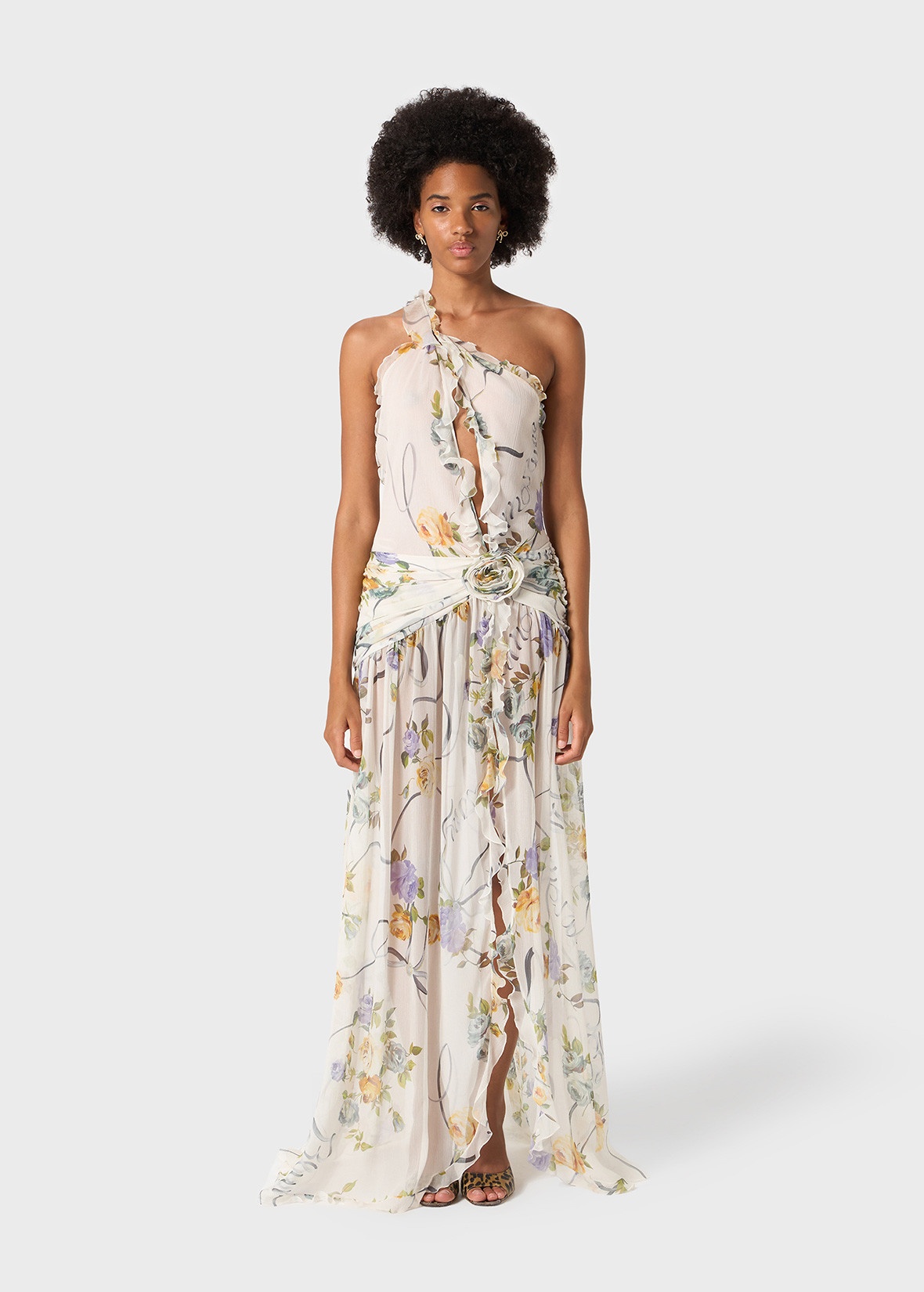 ONE-SHOULDER DRESS IN CREPONNE WITH RUFFLED ROSE DECORATION - 3