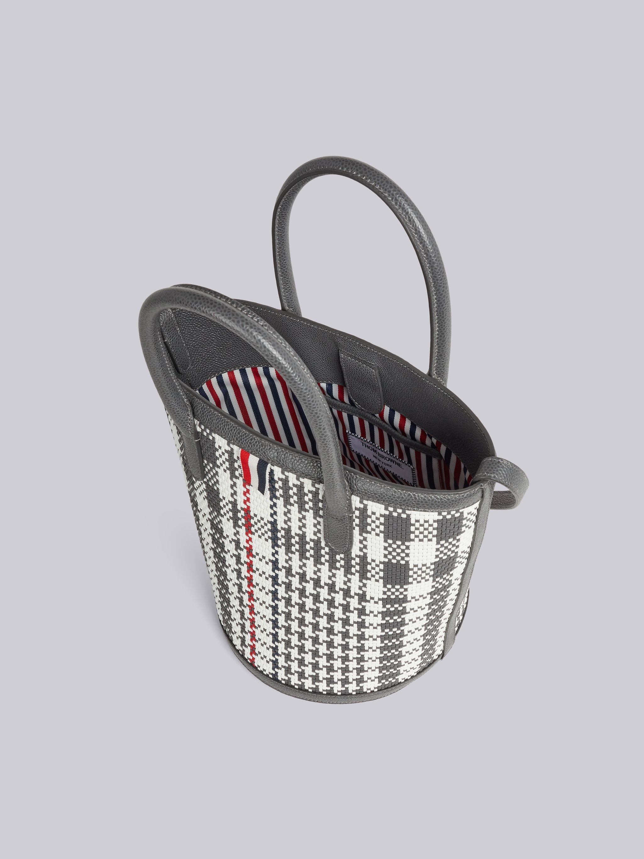 Dark Grey Calf Check Weaving Leather Frame Shoulder Strap Mini Bucket Bag - 5
