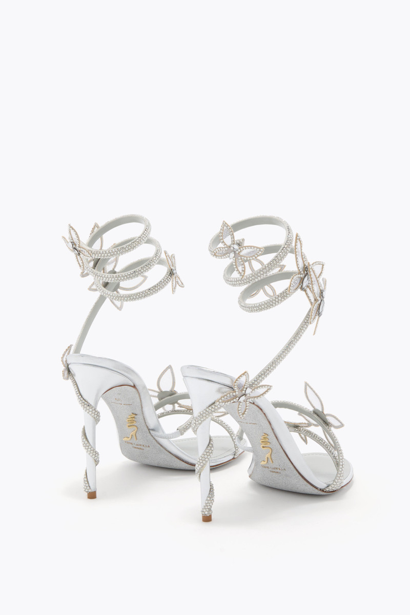 RENE CAOVILLA MARGOT MIRRORED SILVER SANDAL WITH BUTTERFLIES 105 outlook