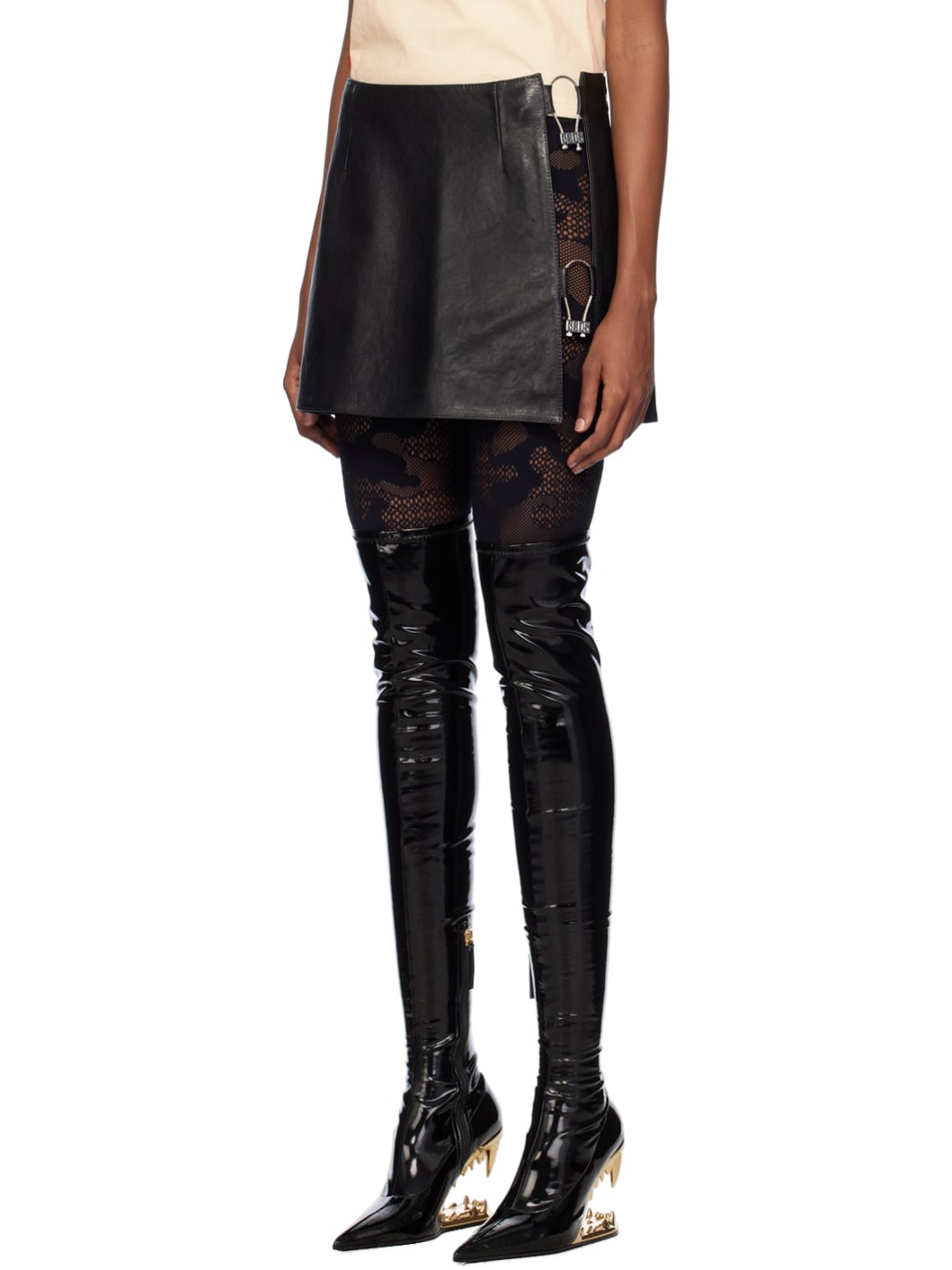 Black Hoop Leather Miniskirt - 4