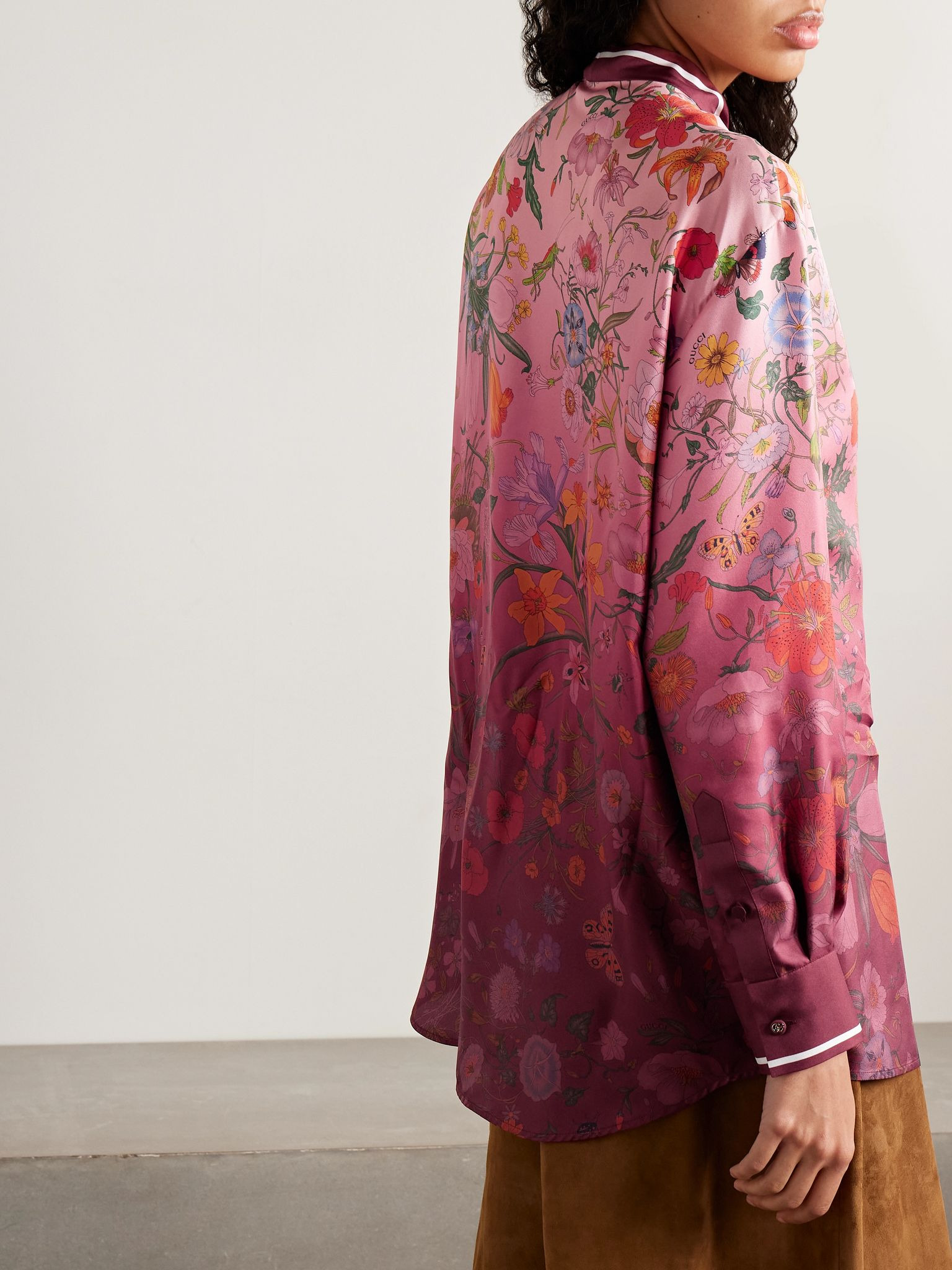 Pussy-bow floral-print silk-twill shirt Red - 4