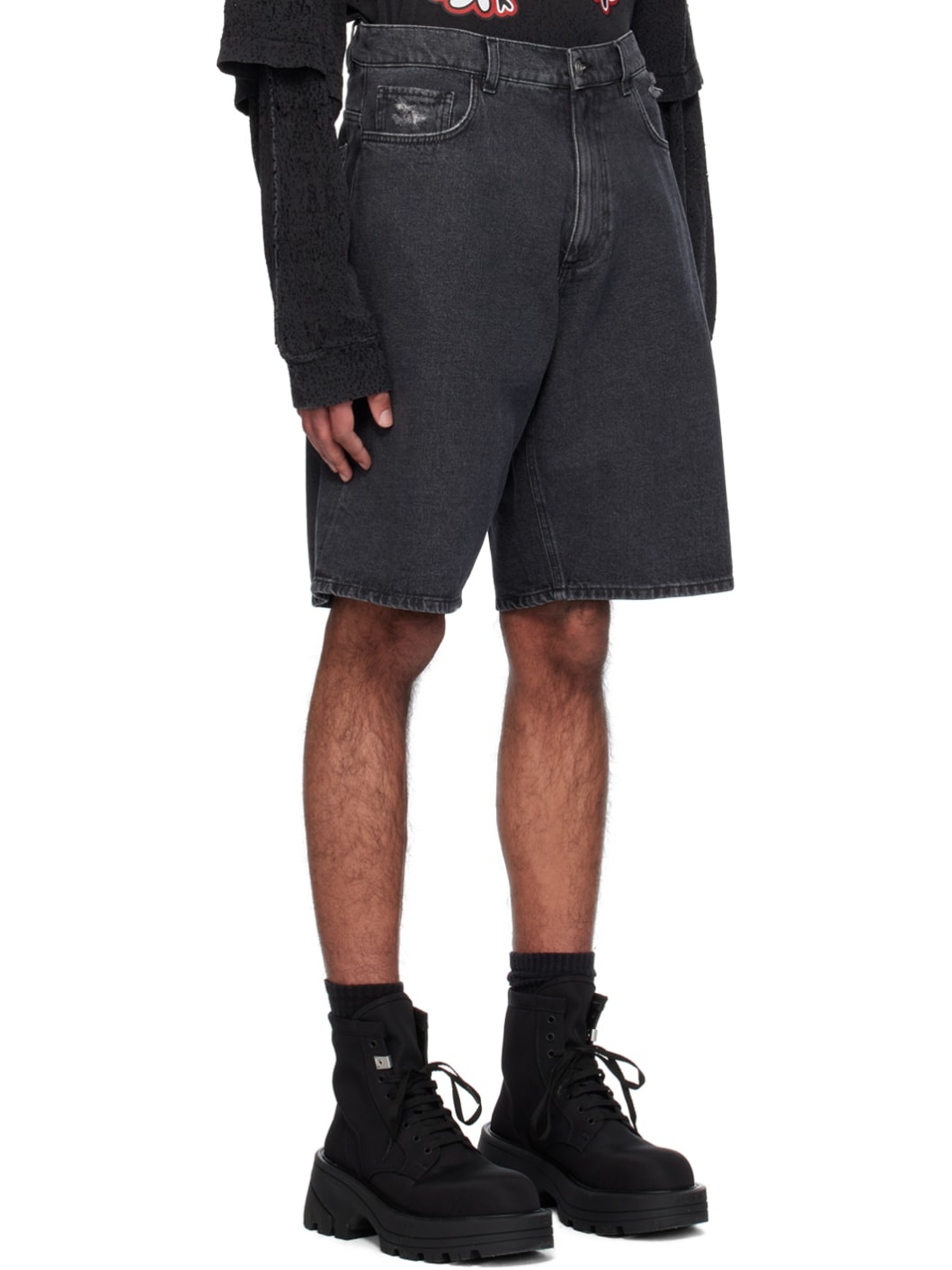 Black Distressed Carpenter Denim Shorts - 2