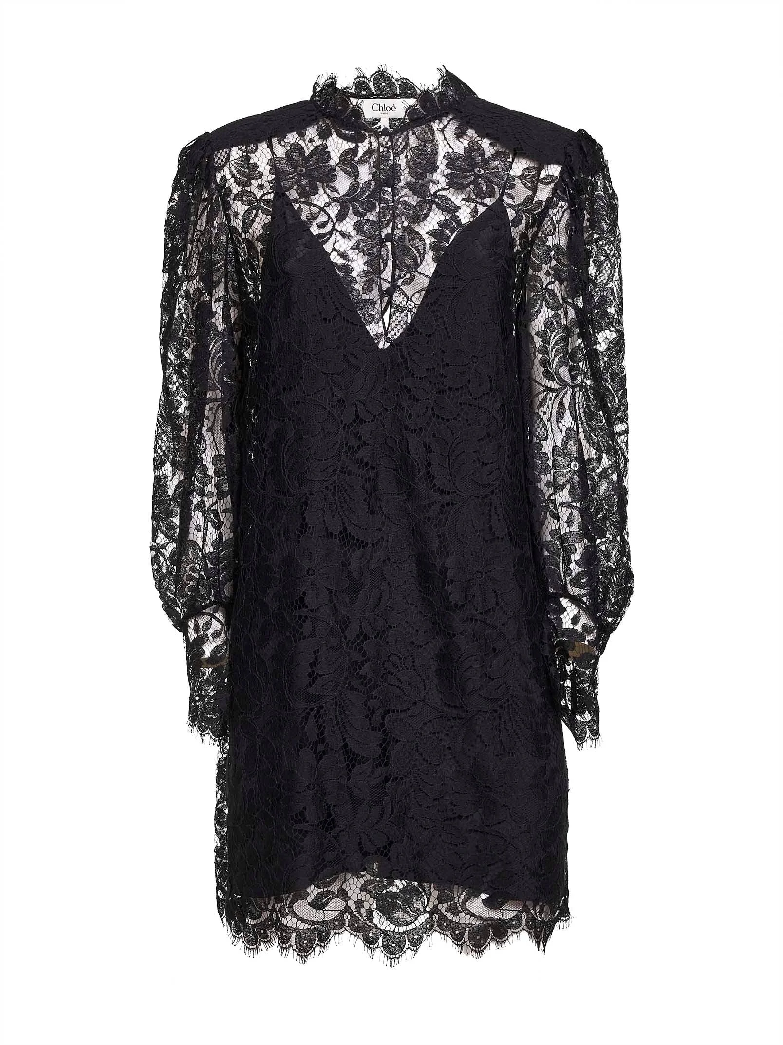 Chloé Women Black Lace Long-Sleeved Mini Dress - 1