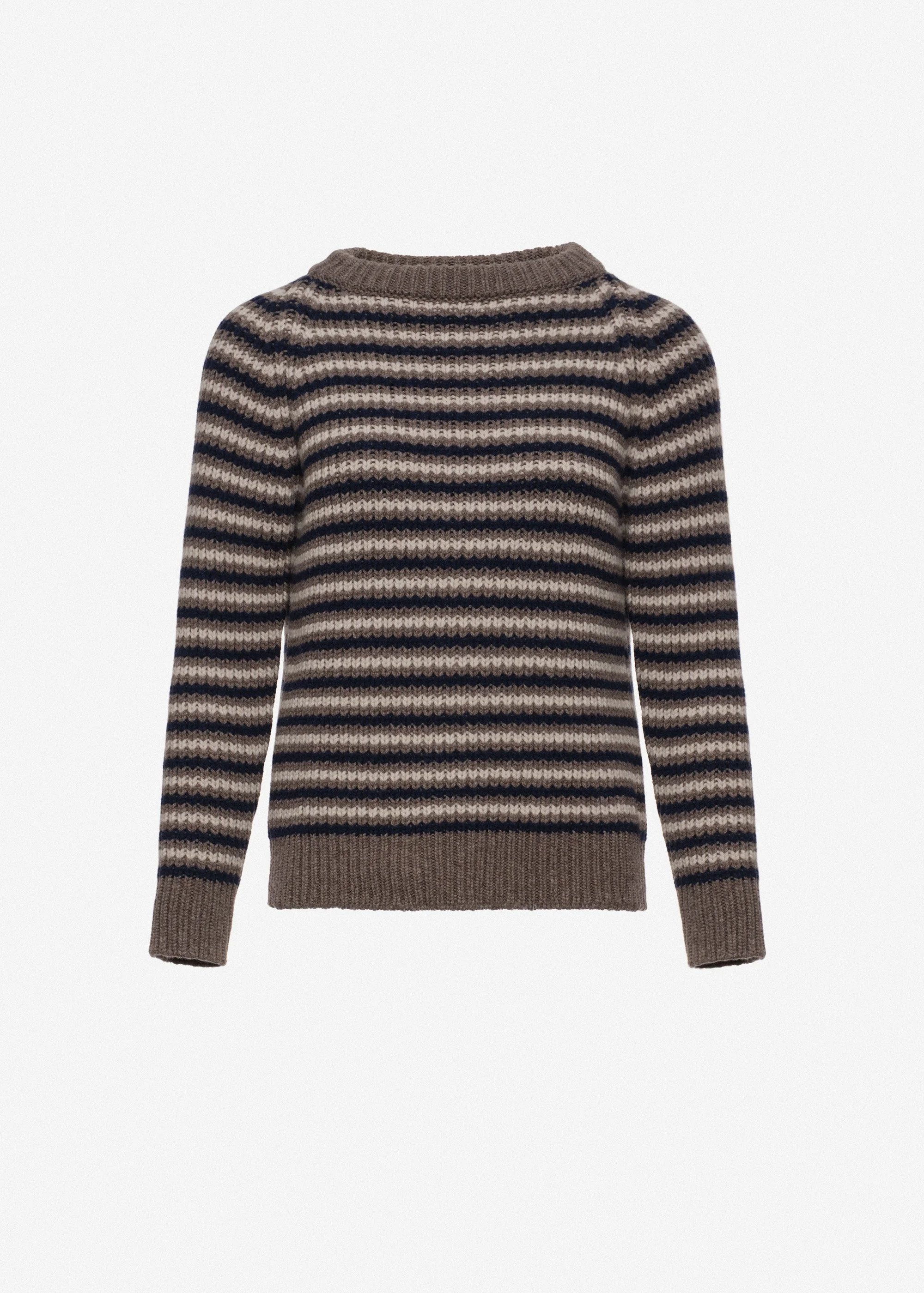 Round-neck striped wool sweater in dark beige - 1