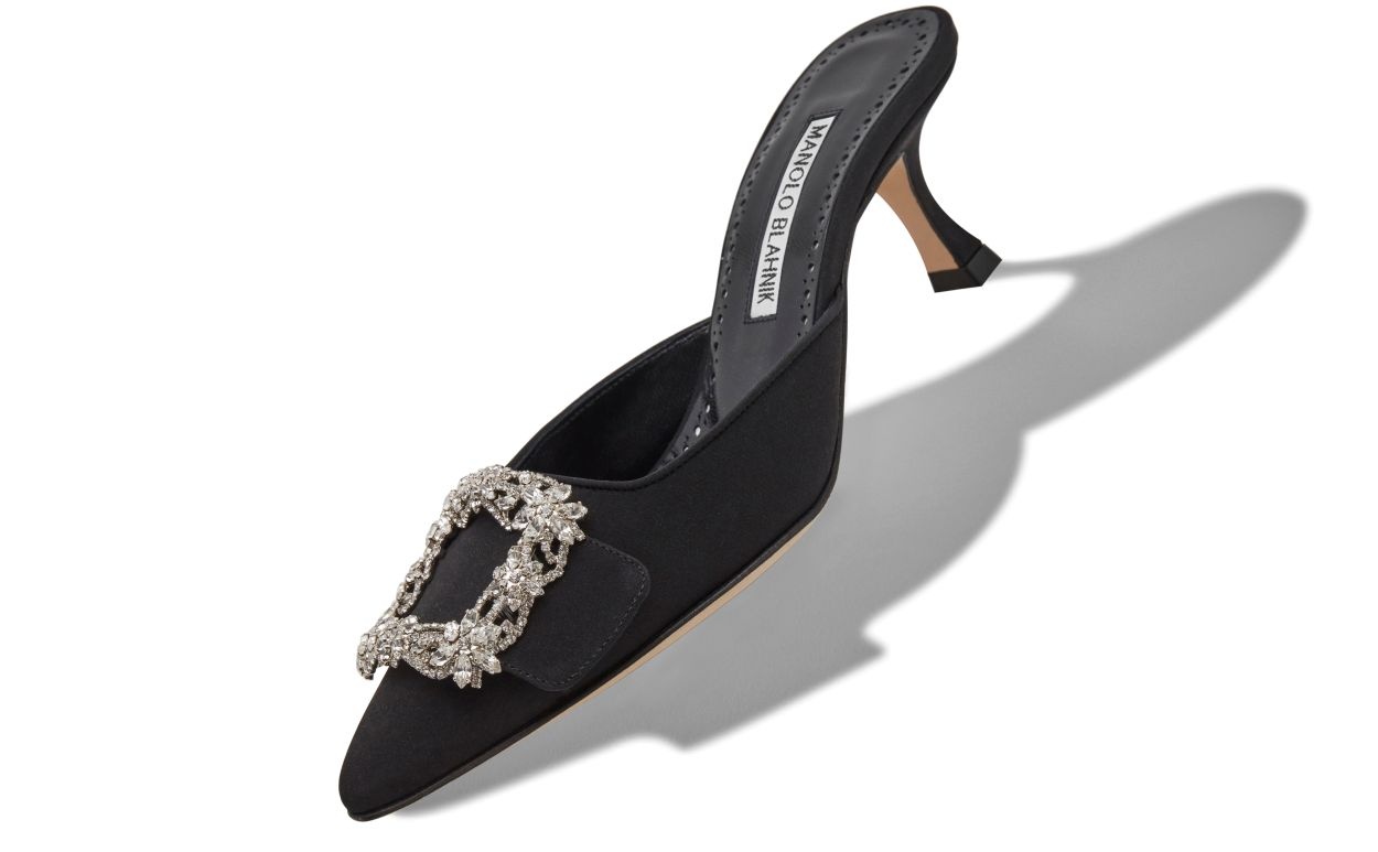 Black Crepe De Chine Crystal Buckle Mules - 2