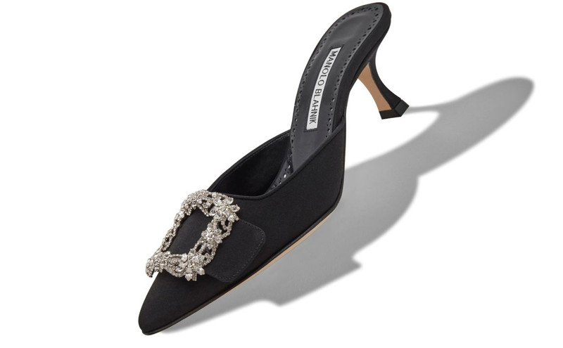 Manolo Blahnik Black Crepe De Chine Crystal Buckle Mules outlook
