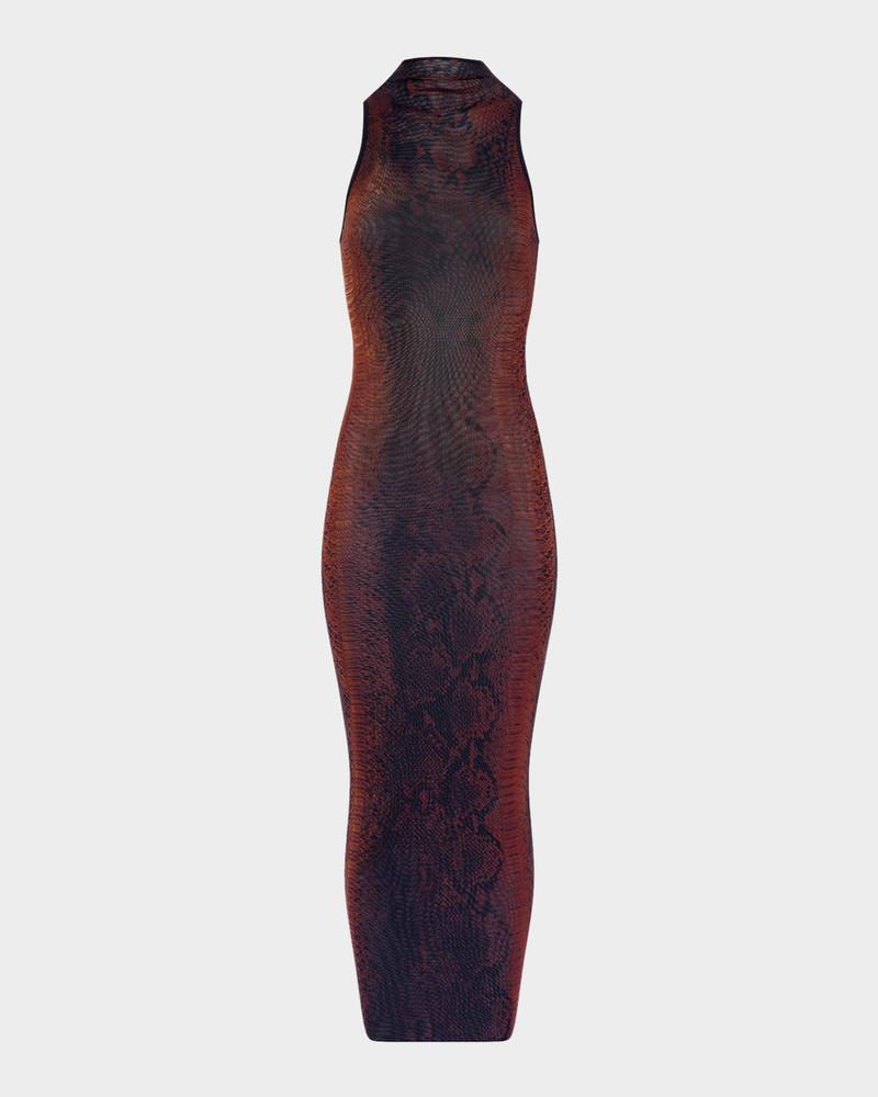 Snakeskin-Print Mesh High-Neck Sleeveless Maxi Dress 1