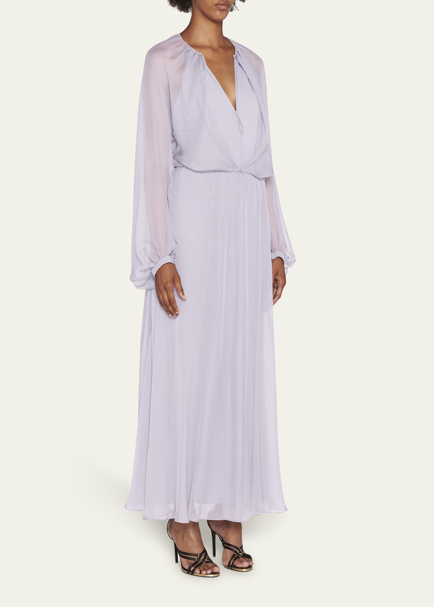 Zip-Front Long-Sleeve Silk Chiffon Layered Gown - 4