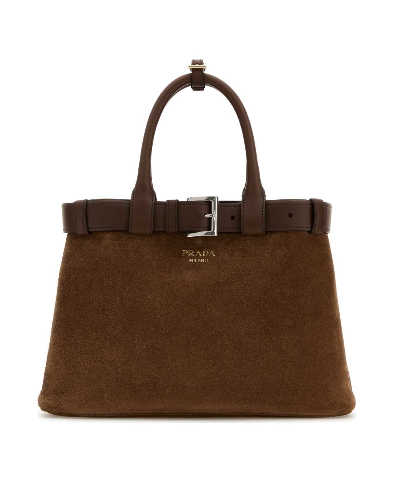 Brown Suede Prada Buckle Medium Handbag - 1