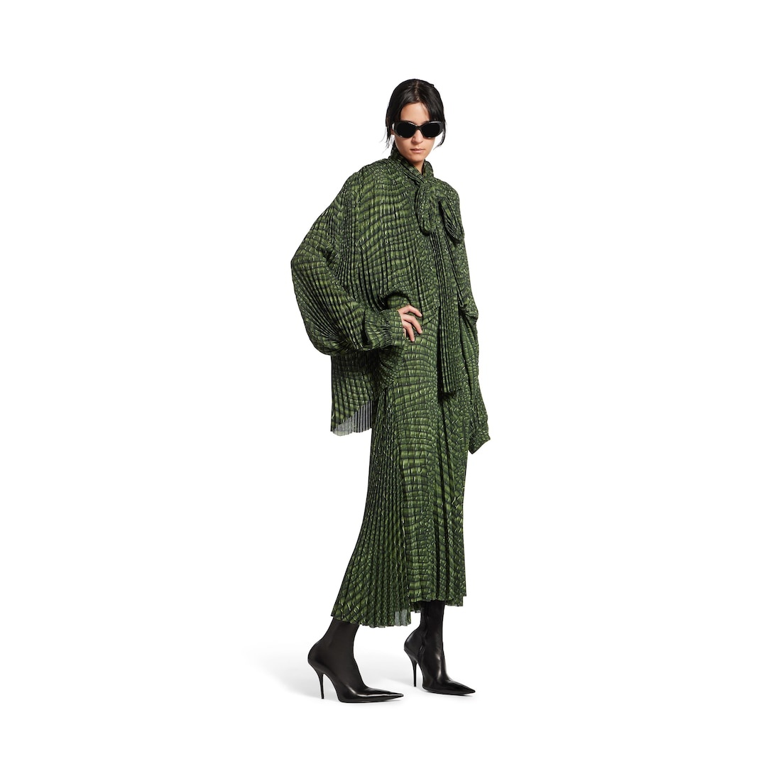 Women's Double Sleeve Pleated Dress in Green - 2