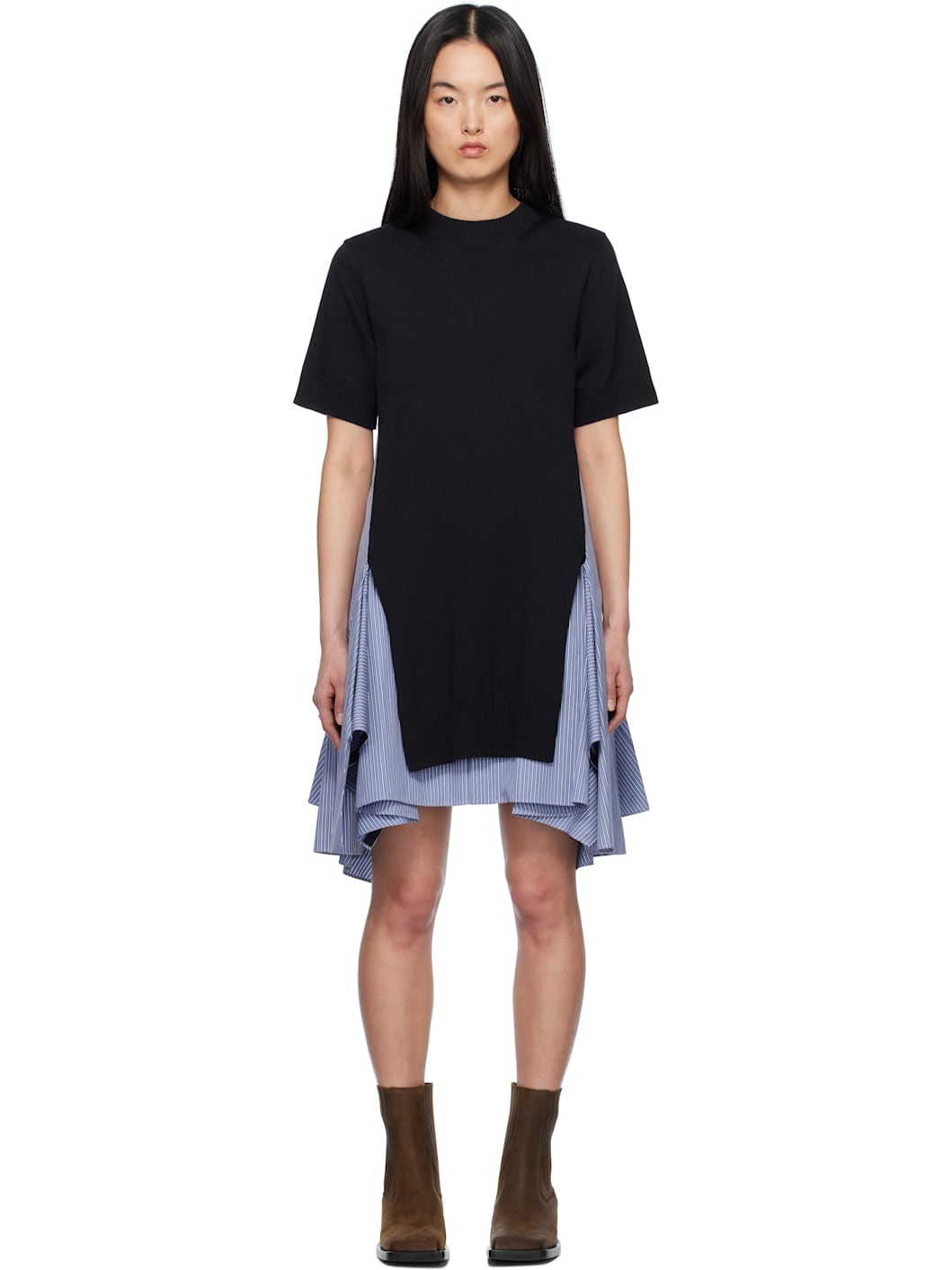 Navy & Blue Cotton Poplin & Knit Midi Dress - 1