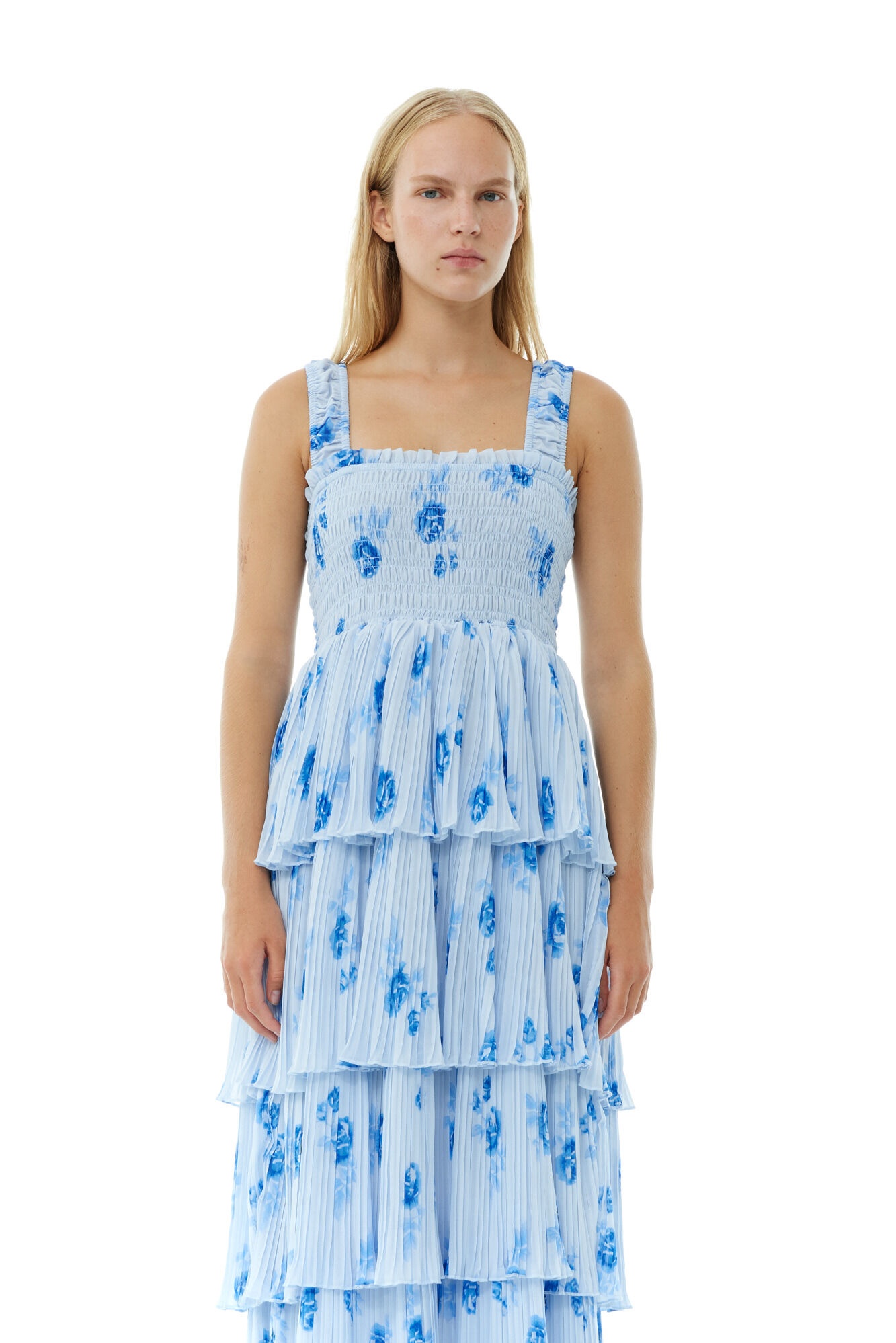 BLUE PLEATED GEORGETTE FLOUNCE SMOCK DRESS - 3