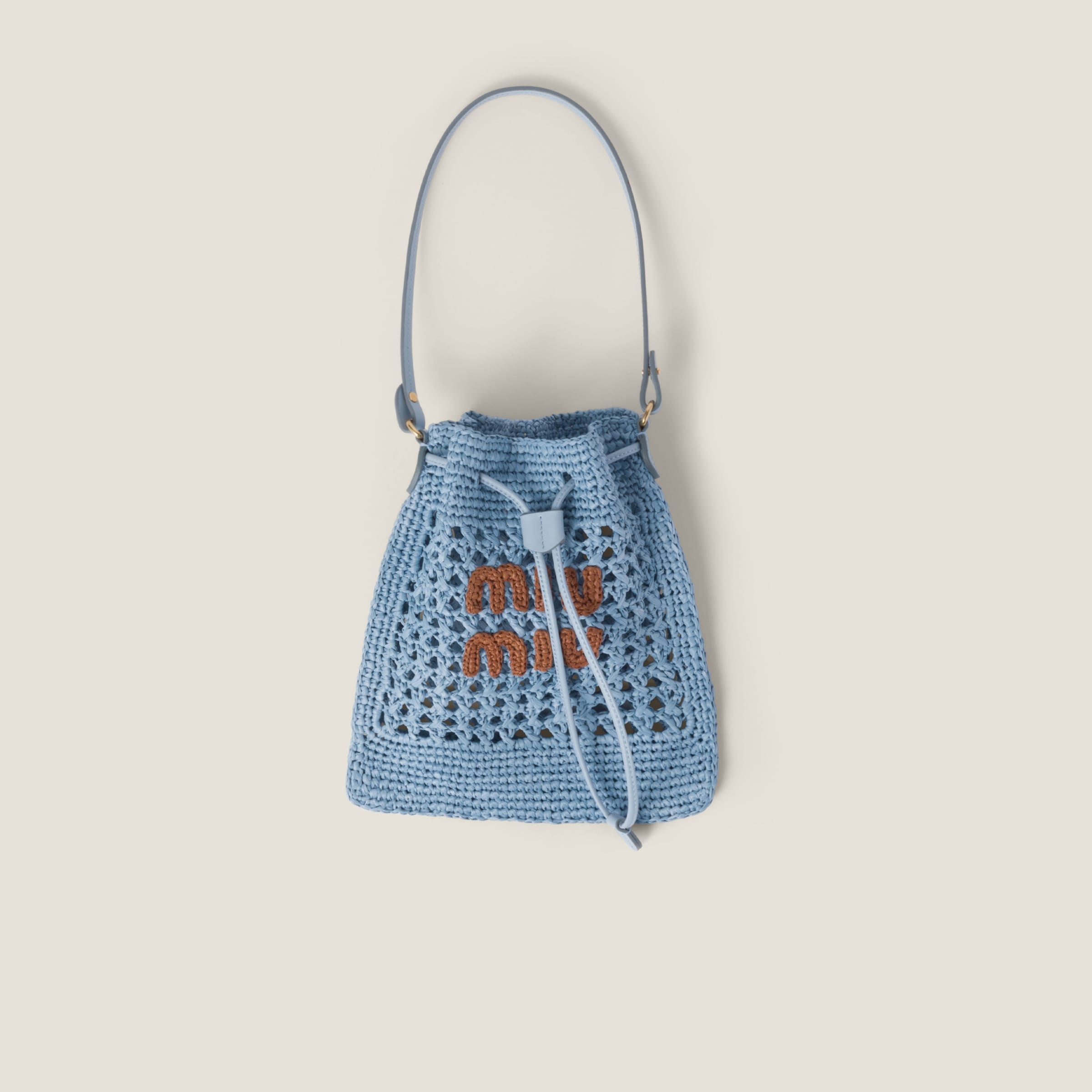 【MIU MIU】RAFFIA BUCKET BAG Logo leather-trimmed raffia bucket bag in neutrals - Miu Miu
