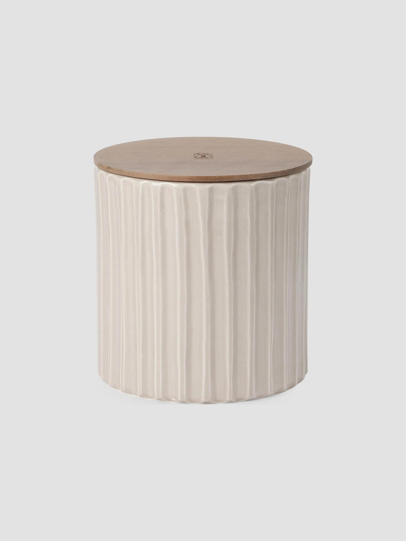 Large Scented Candle in Ridged Ceramic Vessel with Walnut Wood Lid - Beige 1