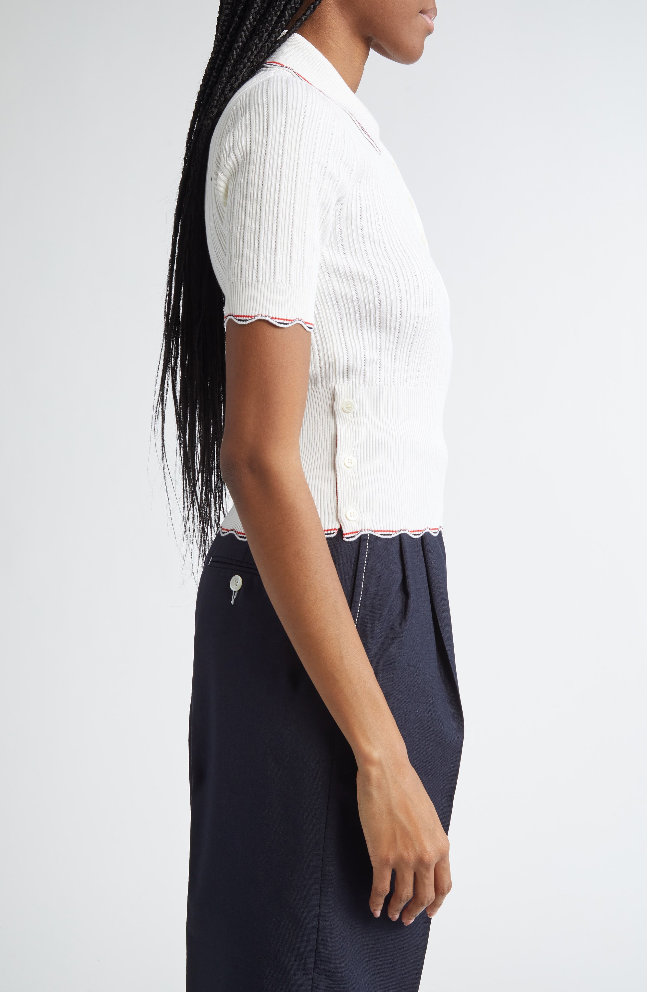 Thom Browne Tuck Scallop Trim Silk & Cotton Pointelle Stitch Polo in White at Nordstrom - 4