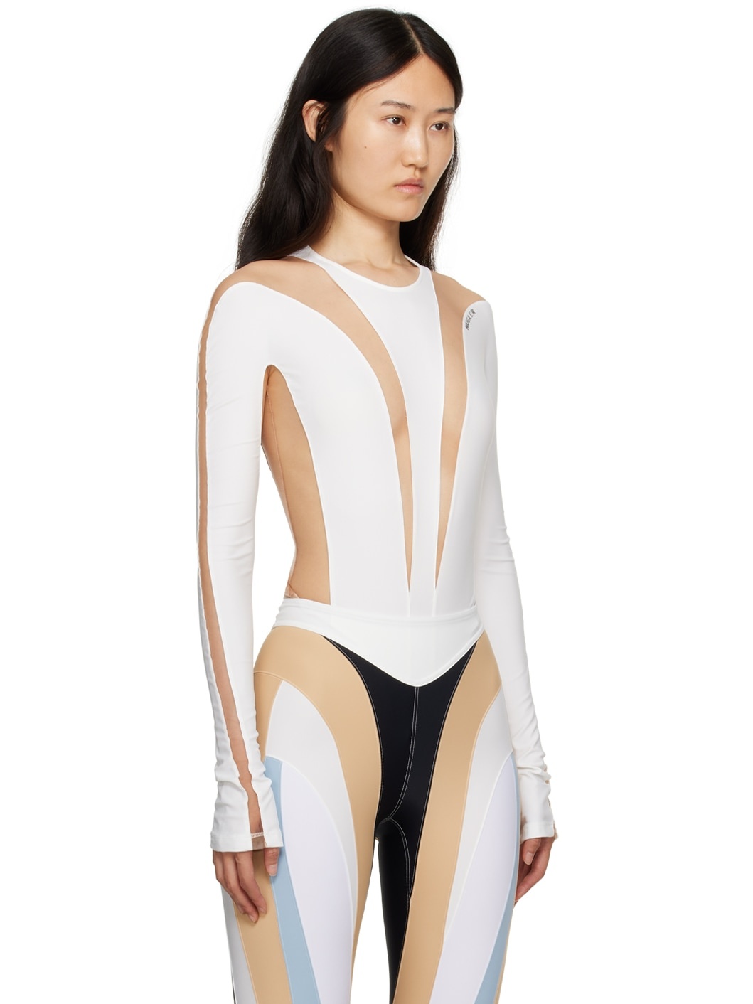 White & Beige Illusion Bodysuit - 2