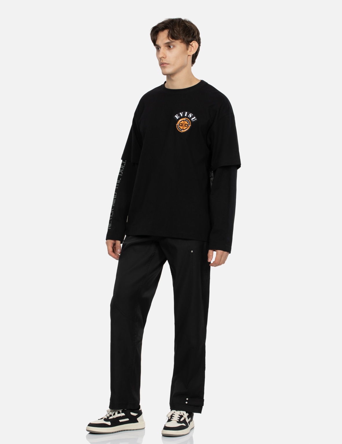 DAICOCK INSERT AND KAMON APPLIQUÉ LOOSE FIT PATCHWORK PANTS - 4