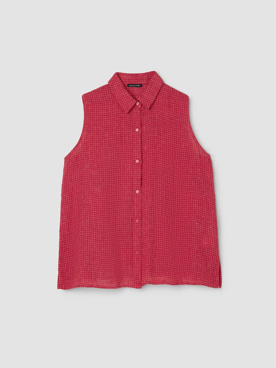 Puckered Organic Linen Grid Sleeveless Shirt - 1