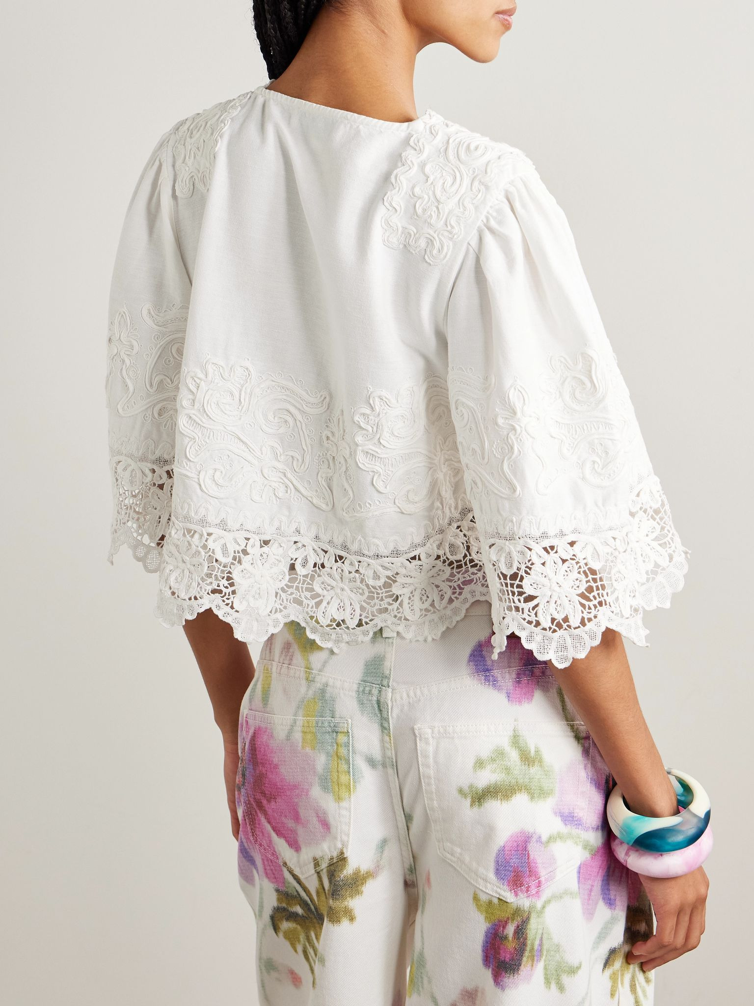 Iyla cropped embroidered broderie anglaise cotton and linen-blend top White - 3