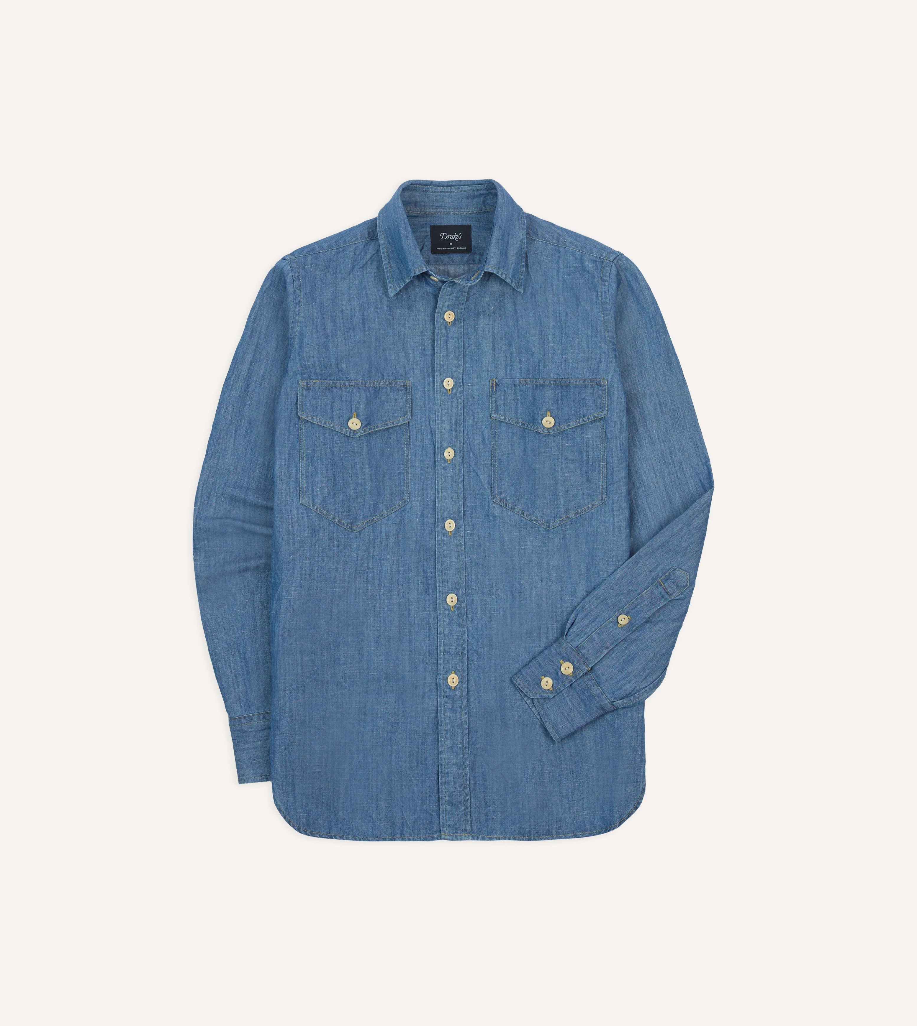 Stone Wash Cotton-Linen Long Point Collar Work Shirt - 1