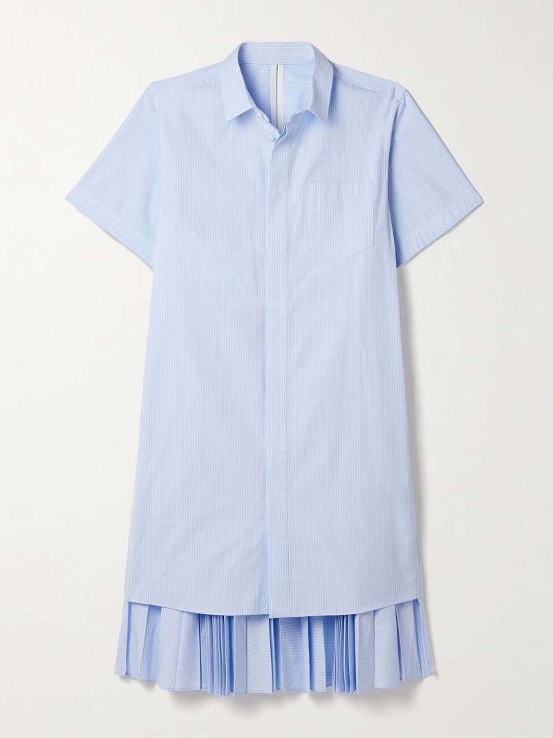Layered pleated pinstriped poplin midi shirt dress Blue - 1