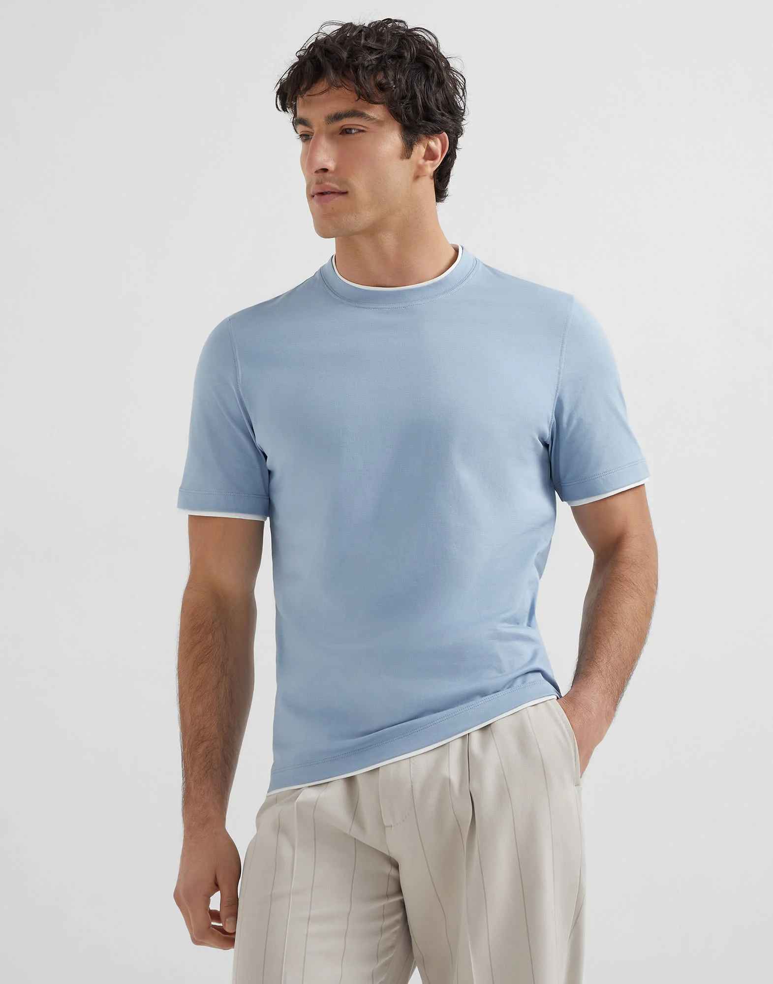 Cotton jersey crew neck T-shirt with faux-layering - 1