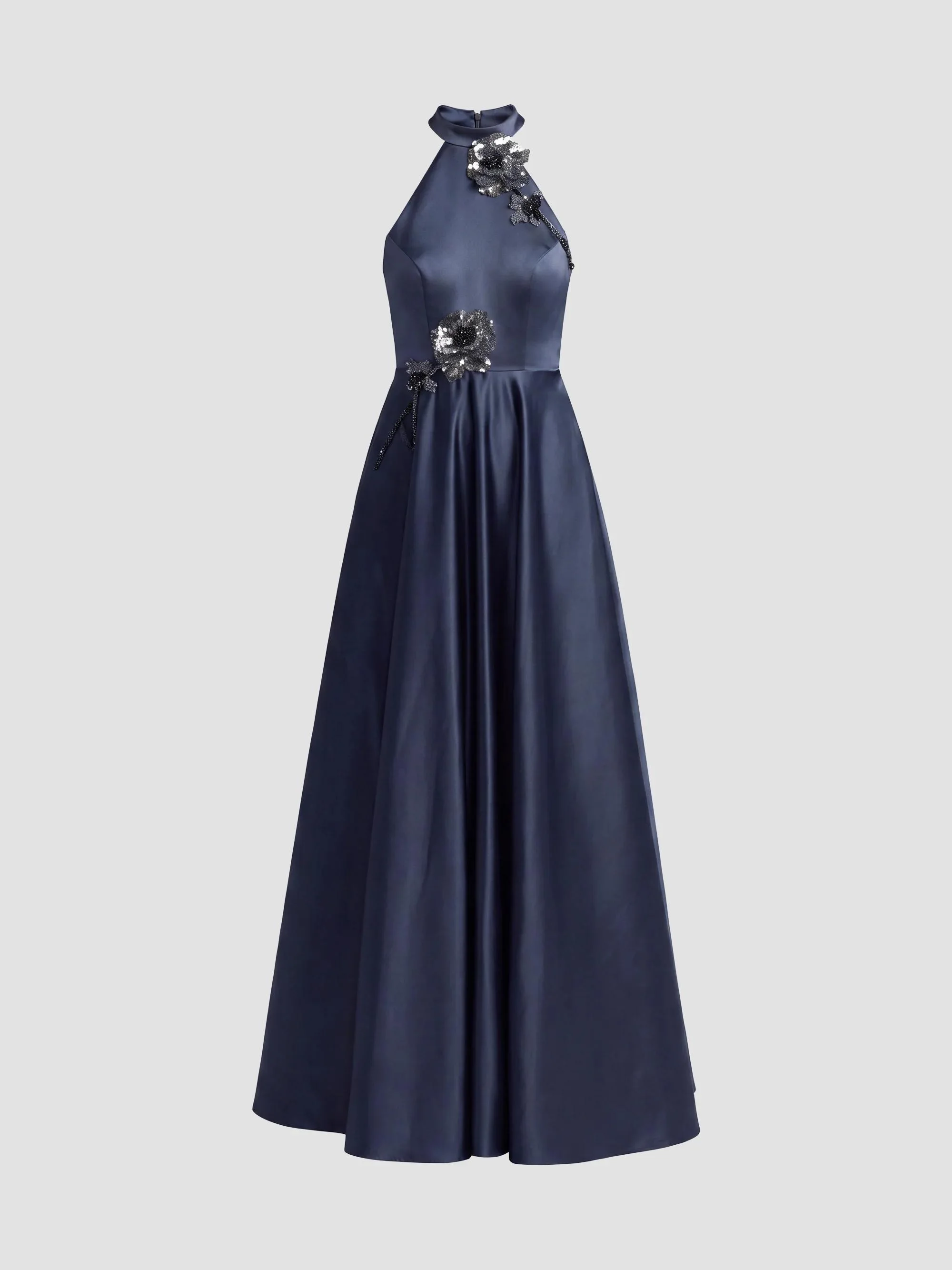 Women's Satin Sequin Floral A-Line Gown - Midnight - 1