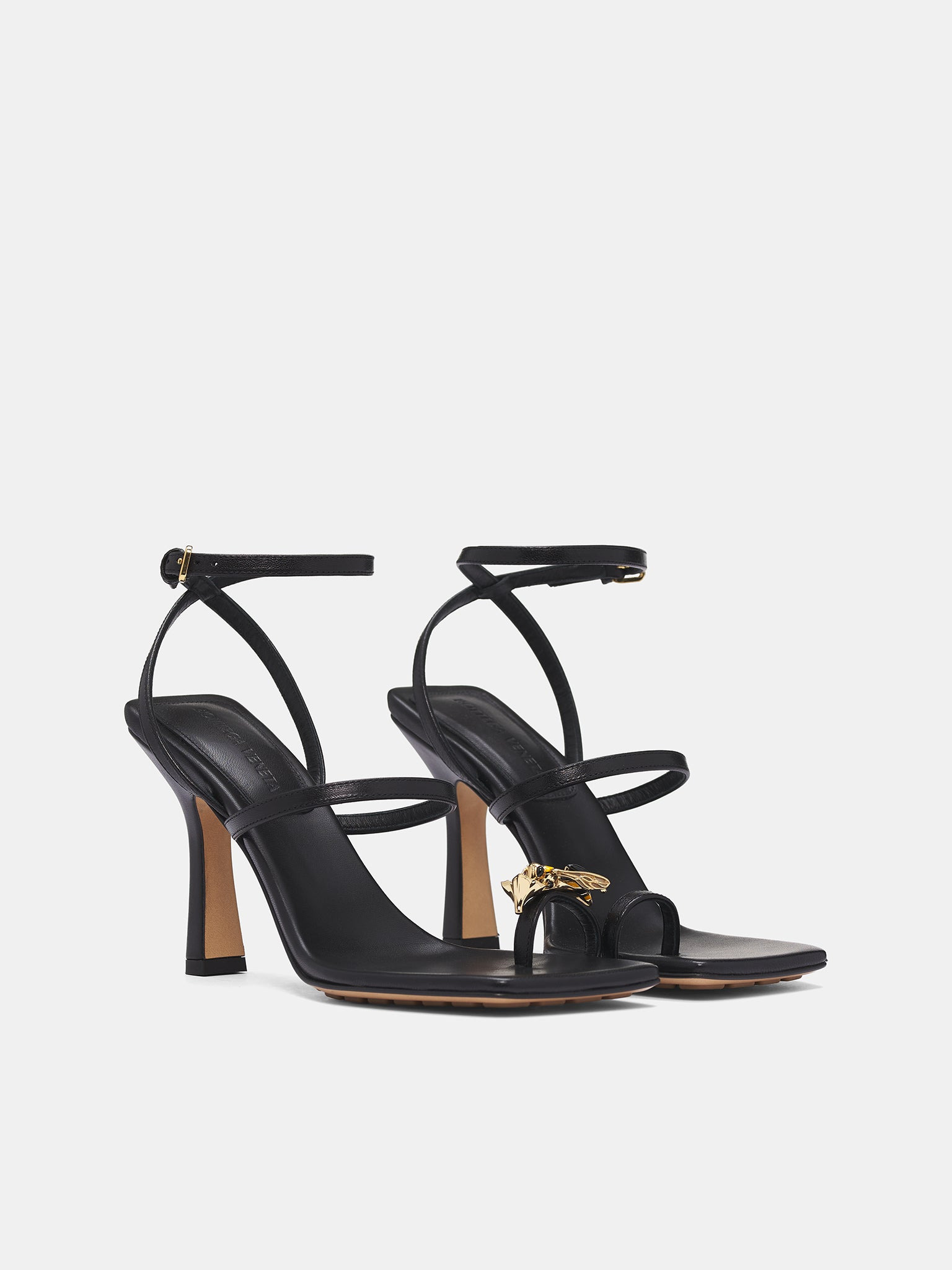 Black Leather Bee Strappy Heels - 2