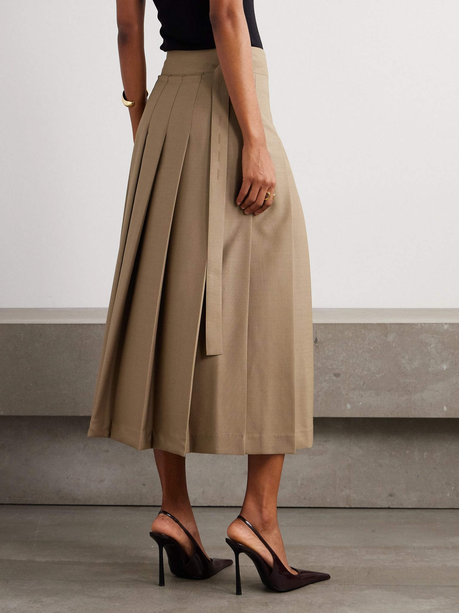 Pleated wool-blend midi wrap skirt Beige - 4