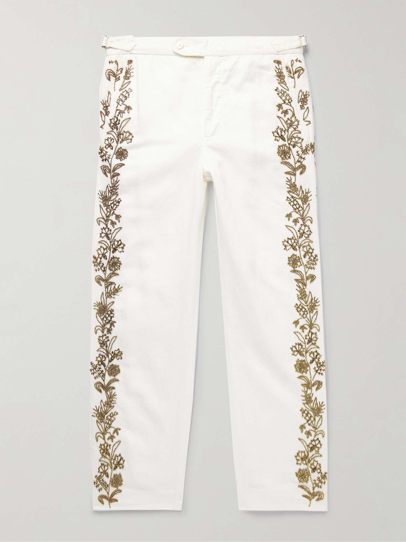 Wheat Flower Straight-Leg Beaded Linen and Cotton-Blend Twill Trousers - 1