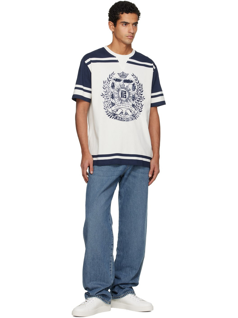 Balmain White & Navy Varsity 'Balmain' Écusson Print T-shirt outlook