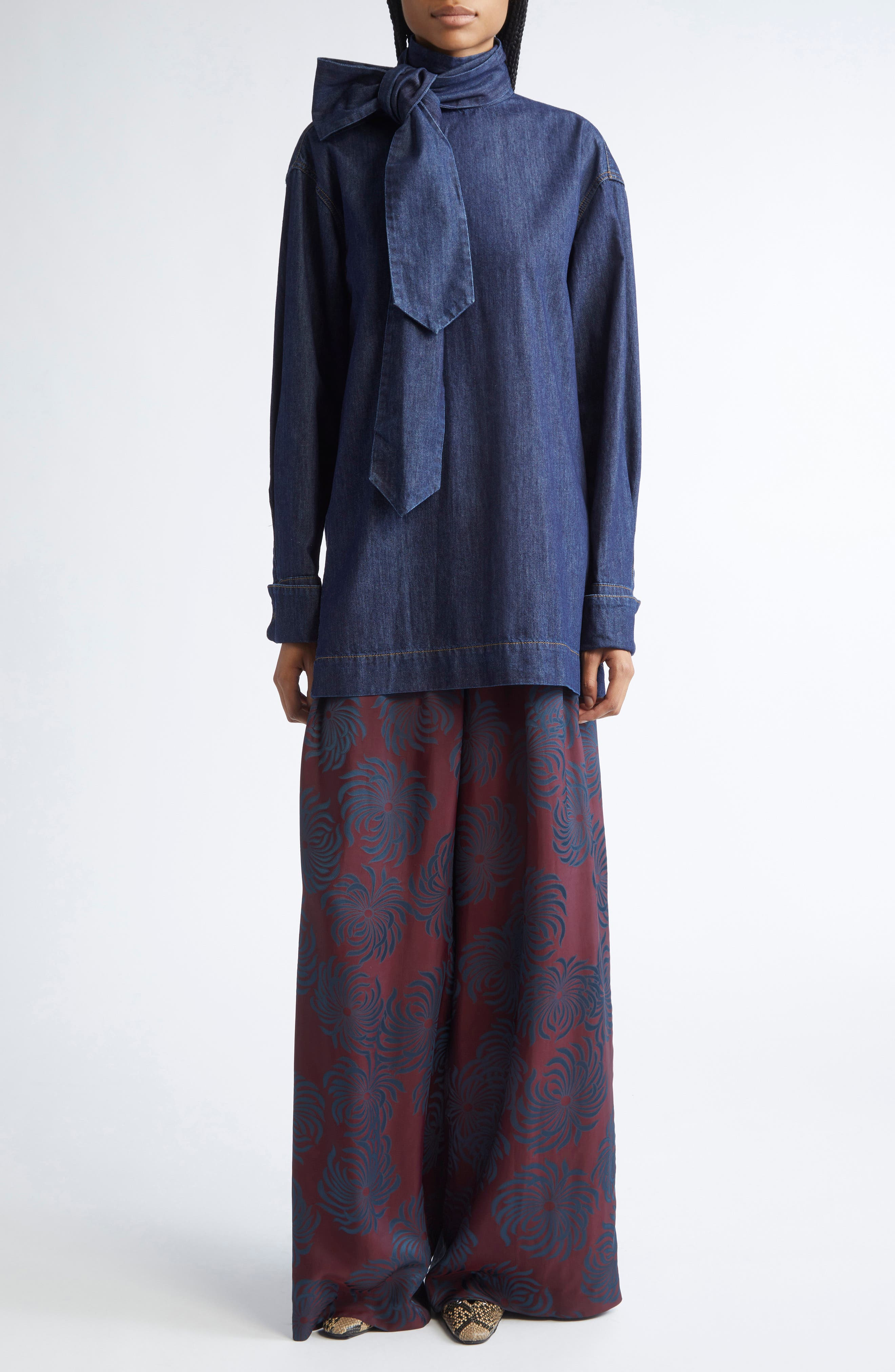 Dries Van Noten Chaddy Pussy Bow Denim Shirt in Indigo at Nordstrom - 2