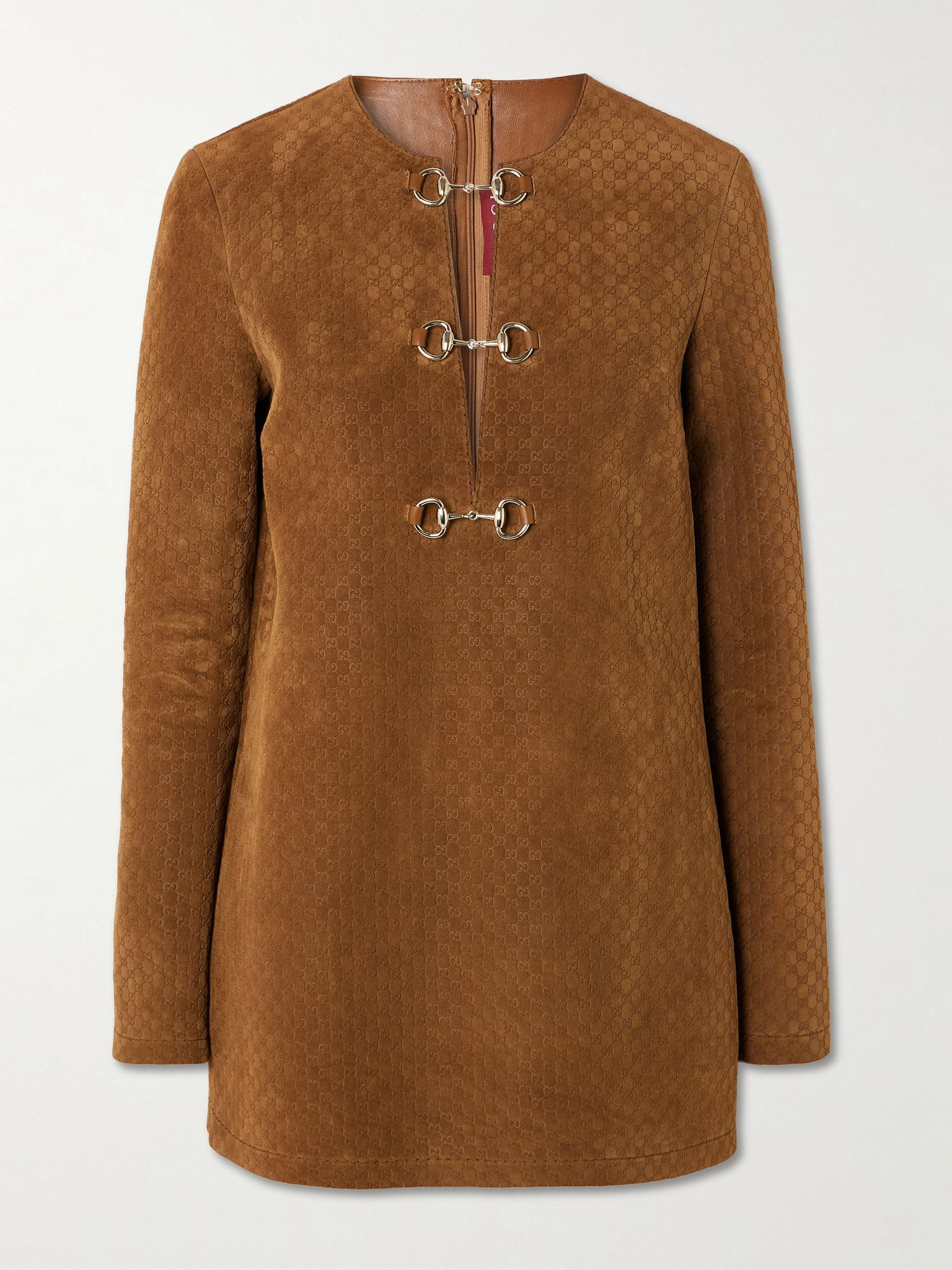 Horsebit-detailed debossed suede mini dress Brown - 1